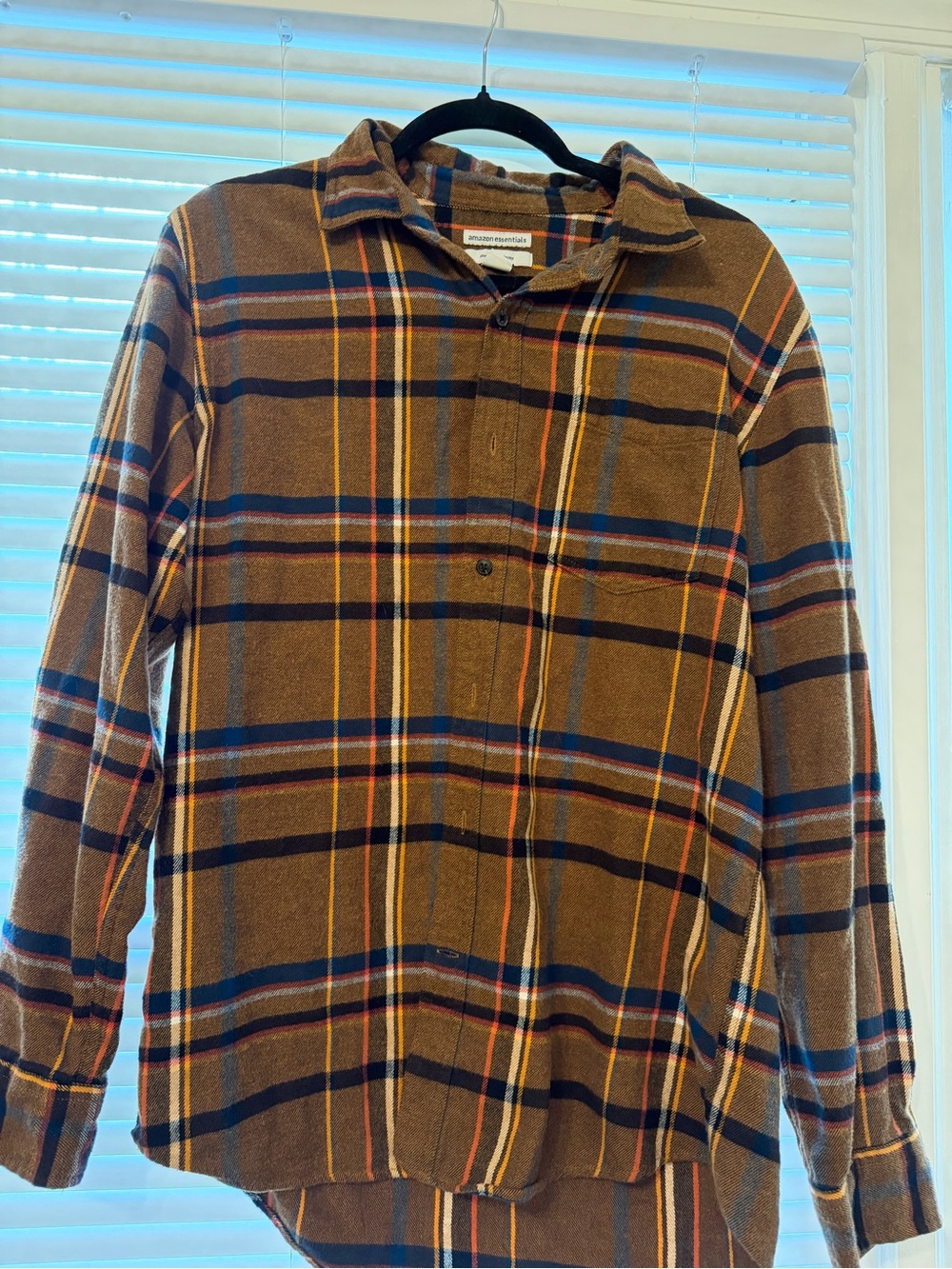 Amazon Essentials Brown Plaid Button-Down Shirt with Blue and Cream Stripes